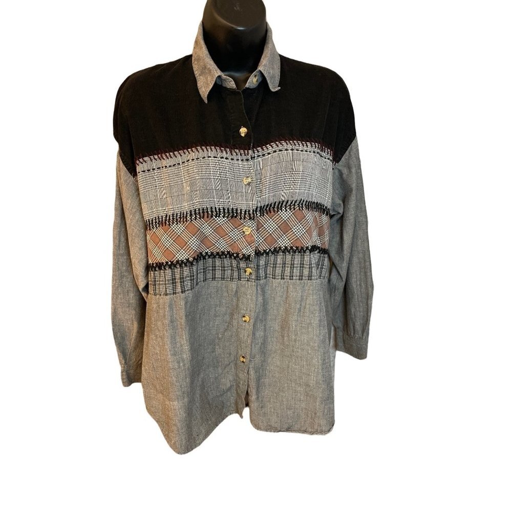 Vintage 90s Casey and Max Vintage Grey Black Collared Button Up Shirt Sz L